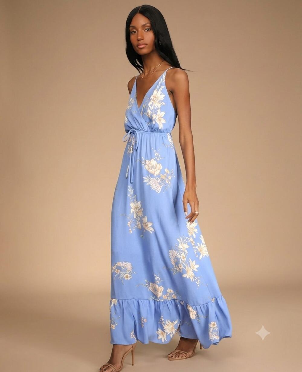 NWT Lulus Endless Vacay Blue Floral Print Surplice Maxi Dress Size L. Ret. $59